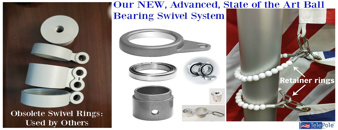 Our telscoping flagpoles feature a ball bearing swivel ring, 2 beaded retainer rings and an aluminum threaded topper